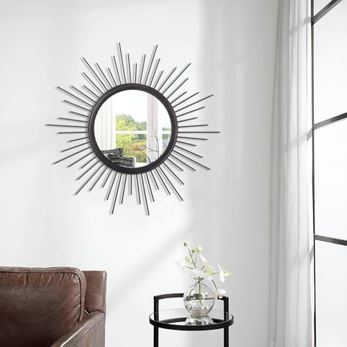 Sunburst Wall Mirror, Black Large Spoked Wall Decor Mirror Bohemian Home Round Modern Metal Wall Art Mirror for Living Room Hallway Bedroom Bathroom 24" x 24" - color: Sunburst-black, size: 24"L x 24"W