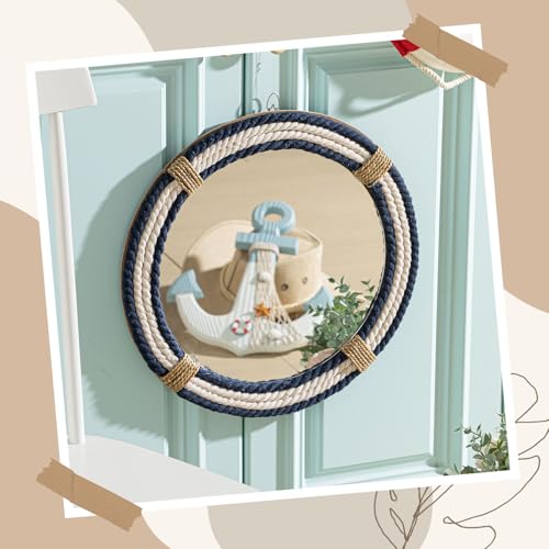 Vercraft Nautical Coastal Mirror 16" Wall Decor with Rope Wrapped Trim and Hanging Loop Round Circle Nursery Mirror Nautical Boho Rustic Decorative for Living Room, Bedroom Blue and White - size: 16"L x 16"W