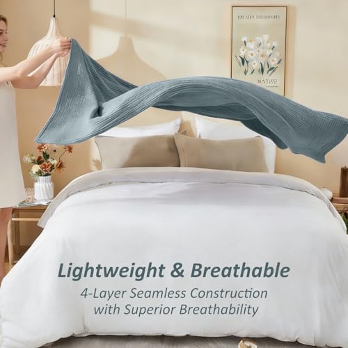 EMME Cotton Muslin Large Throw Blanket 4-Layer Couch Breathable Gauze Soft Lightweight Bed Blankets Adults Two-Tone Weave Design, Pre-Washed Softer Touch (Heather Teal, 50"x70") - color: 01 - Teal, size: Large Throw (50" X 70")