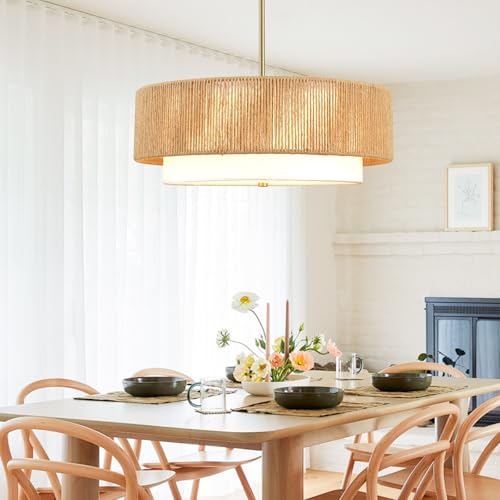 18'' Boho Rattan Chandelier Drum Pendant Light with Fabric Lampshade Hanging Light Fixture 3-Light Farmhouse Chandeliers for Dining Room Bedroom Kitchen Hallway Foyer - color: 18" Rattan&Fabric Gold