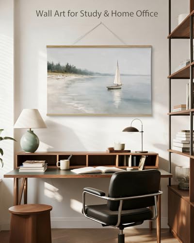 ARPEOTCY Extra Large Vintage Framed Wall Art, 36x54 Inch Coastal Ocean Sailboat Beach Landscape Hanging Canvas Prints Wall Art Decor for Living Room Bedroom, Retro Scenery Pictures Above of Bed - color: Sailboat Beach