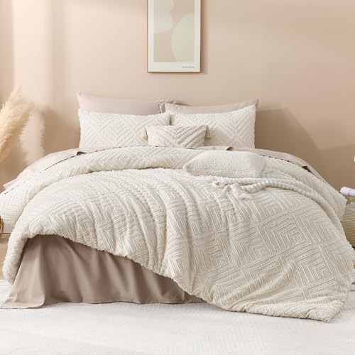 Andency Beige Boho Full Size Comforter Set, 3 Pieces Chevron Tufted Farmhouse Lightweight and Fluffy Bedding Set, All Season Bed Set (79x90In Comforter and 2 Pillow Shams) - color: 01 - Beige, size: Full (79"x90")
