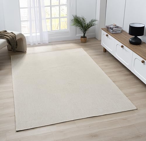Angela Easy Jute Indoor Outdoor Rug, 5x7 Natural Solid Jute Look, Polyester, Durable & Easy Care Outdoor Farmhouse Carpet for Patio, Porch, Living Room (5' x 7', Ivory) - color: 2001 - Ivory, size: 5' x 7' (Rectangular)