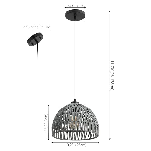 JONATHAN Y 10.25" Gray Modern Bohemian Woven Rope LED Pendant Light Fixture, Adjustable Dome Ceiling Lamp for Kitchen Island, Rope Shade, Coastal Farmhouse Decor (JYL6513D) - color: Gray, size: 10.25"