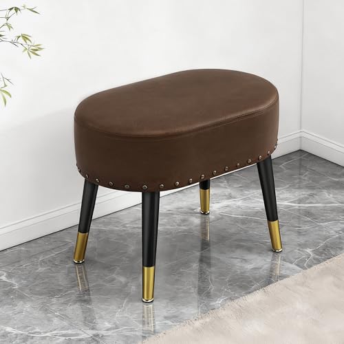 LITZFUR Vanity Stool Chair for Makeup, Pu Leather Oval Footrest, Vintage Rivet Ottoman Bench with Metal Legs, Dressing Stool for Batheroom, Living Room, Entryway, Brown - color: Brown