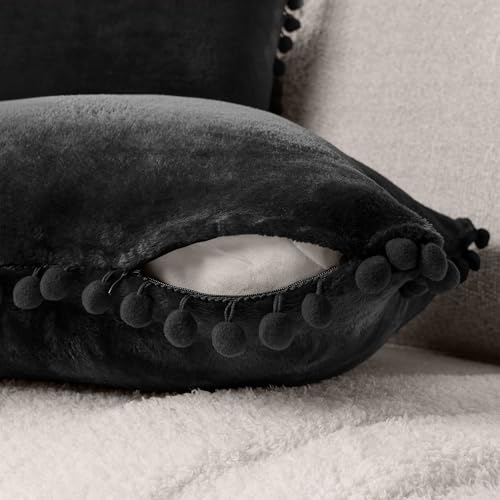 PAVILIA Black Throw Pillow Covers with Pom Pom 20x20 Set of 2, Decorative Pillow Cases for Bedroom Aesthetic, Small Throw Pillows Set for Bed, Velvet Euro Plush Cushion Covers for Sofa Couch - color: Black, size: 20" x 20" (Pack of 2)