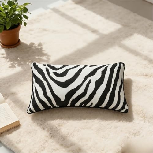 Mantle & Mason Modern Minimalist Lumbar Throw Pillow Cover 12x20 Set of 2 Decorative Couch Pillow Case Sofa Bed Chair Living Room Chenille Jacquard Zebra Print Home Decor Pillowcase Black White - color: Zebra Black White, size: 20" x 12" (Pack of 2)