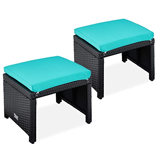 Best Choice Products Set of 2 Wicker Ottomans, Multipurpose Outdoor Furniture for Patio, Backyard, Additional Seating, Footrest, Side Table w/Removable Cushions, Steel Frame - Black/Teal - color: Black/Teal