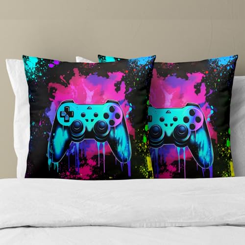 Blue Game Joystick Pillow Covers 16x16 Inch Set of 2, Colorful Abstract Graffiti Paint Splatters Throw Pillow Covers Square Black Cotton Cushion Cover for Home Couch Sofa Patio Bedroom Livingroom - color: Game Joystick240103, size: 16" x 16" (Pack of 2)