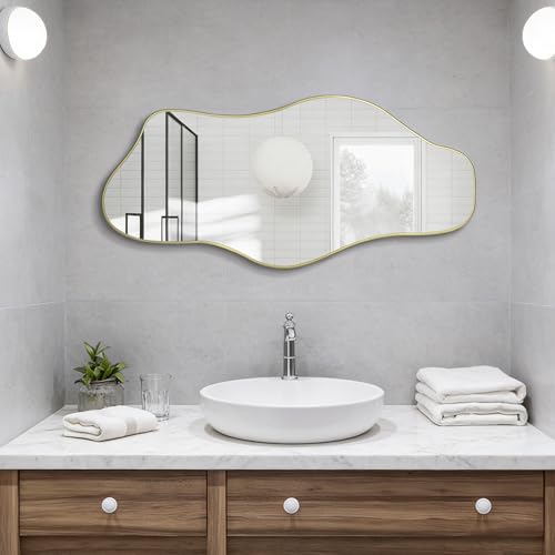 Irregular Wall Mirror, 40"x17.7" Gold Asymmetrical Frameless Mirror, Modern Organic Shaped Mirrors for Living Room Bedroom Hallway Entryway, Horizontal or Vertical Hanging - color: Gold, size: 40"L x 17.7"W