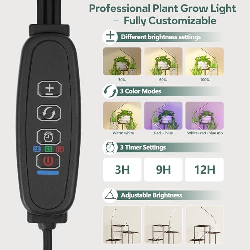 Quikraen 8 tiers Metal Plant Stand with Grow Lights, Tall Lighted Corner Plant Shelf for Indoor Plant Growing,Flower Pot Holder, Plant Rack for Home Decor, Patio (Brown)