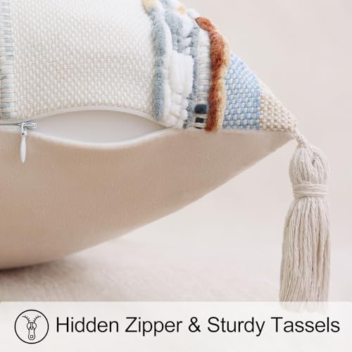decorUhome Boho Decorative Throw Pillow Covers 18x18 Set of 2, Striped Chenille Tufted Pillow Covers with Tassels for Couch Bed Sofa, Cream White and Light Blue - color: Cream White and Light Blue