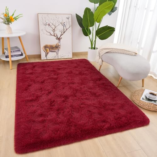 DETUM Red Living Room Rug 5X8 Area Rug Wine Red Christmas Rugs for Bedroom Master Room Dining Dorm Kids Room Machine Washable Nonslip Carpets Soft and Fluffy Modern Home Decoration - color: Burgundy, size: 5 x 8 Feet