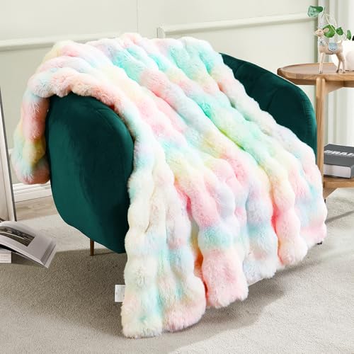 JONIYEAR Decorative Colorful Bubble Faux Rabbit Fur Throw Blanket 50" x 60", Thick Pastel Textured Warm Fluffy Blanket for Winter,Luxury Shag Cute Cozy Fuzzy Furry Lap Blankets for Couch Women,Rainbow - color: Colorful Rainbow - 900gsm, size: Travel/Throw