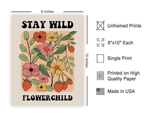 Poster Master Strawberry Print - Retro Stay Wild Flower Child Poster - Trendy Floral Art - Preppy Wildflowers Wall Design - Chic Boho Office or Living Room Decor - 8x10 UNFRAMED Wall Art - color: Style-16, size: 8"L x 10"W