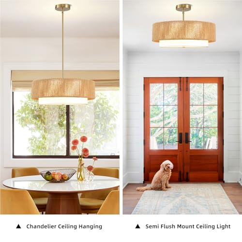 18'' Boho Rattan Chandelier Drum Pendant Light with Fabric Lampshade Hanging Light Fixture 3-Light Farmhouse Chandeliers for Dining Room Bedroom Kitchen Hallway Foyer - color: 18" Rattan&Fabric Gold