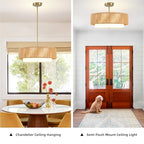 18'' Boho Rattan Chandelier Drum Pendant Light with Fabric Lampshade Hanging Light Fixture 3-Light Farmhouse Chandeliers for Dining Room Bedroom Kitchen Hallway Foyer - color: 18" Rattan&Fabric Gold
