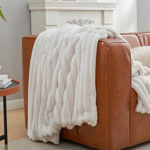 Amélie Home Faux Fur Throw Blanket for Couch, Cozy Fuzzy Fluffy Fur Luxurious Soft Striped Plush Gift Blankets for Family Sofa Chair Bedroom, 55"x70", Ivory - color: Striped Ivory, size: Throw(55"x70")