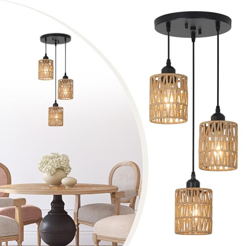 LAMSU 3 Lights Rattan Pendant Light, Farmhouse Dining Room Light Fixtures Ceiling Hanging, Boho Pendant Lighting with Hand Woven Wicker Shades for Kitchen Island Living Room Bedroom Foyer Hallway - size: 3 Lights