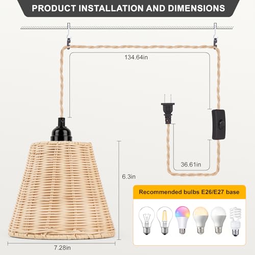 FRIDEKO HOME Rattan Plug in Pendant Light – Boho Hanging Lamp for Room, 15ft Cord No Hardwiring Easy Installation for Bedroom Living Dining Hallway, Vintage Farmhouse Swag Light Fixture - color: 4-Bell Lampshade