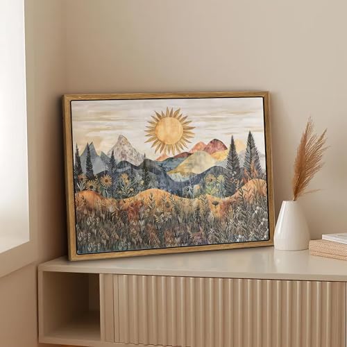 Framed Mountain Landscape Wall Art Boho Floral Sunrise Forest Canva Painting Modern Nature Wilderness Pine Tree Field Poster Rustic Wildflower Scenic Picture Decor for Living Room Bedroom 12x16 Inch - size: 12"L x 16"W