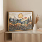 Framed Mountain Landscape Wall Art Boho Floral Sunrise Forest Cava Painting Modern Nature Wilderness Pine Tree Field Poster Rustic Wildflower Scenic Picture Decor for Living Room Bedroom 16x24 Inch - size: 16"L x 24"W