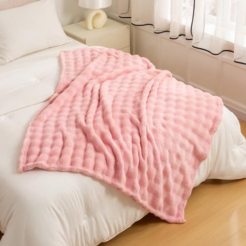 YUSOKI 3D Fleece Bubble Throw Blanket | 380GSM Ultra Soft Fluffy Plush | Non-Shedding Lightweight Cozy Blanket for Couch Sofa Bed | All Season(Light Pink,50 * 60inches) - color: Light Pink, size: Throw(50" x60")