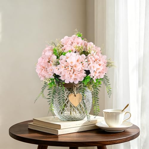 Ammyoo Artificial Hydrangea Flowers Silk Pink Fake Flower with Eucalyptus for Outdoor Decorations UV Resistant Realistic Faux Plants for Garden Porch Window Box Indoor Bathroom Dining Table Decor - color: Light Pink