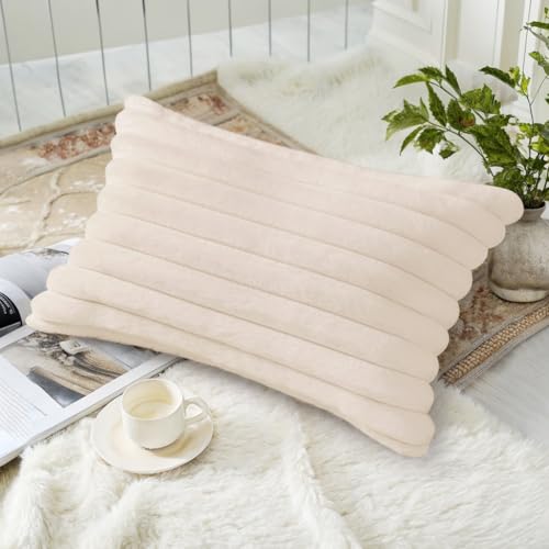 decorUhome Fall Cozy Faux Fur Throw Pillow Covers 12x20 Set of 2 Decorative Soft Plush Striped Lumbar Modern Farmhouse Boho Couch Pillow Cases with Velvet Back for Sofa Bed Living Room, Beige - color: Beige, size: 20" x 12" (Pack of 2)
