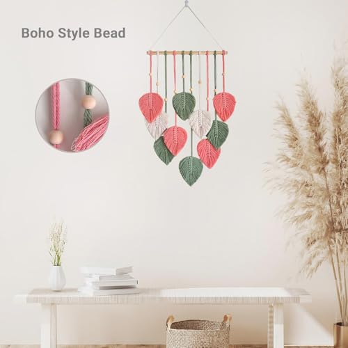 TUDRUKU Macrame Wall Hanging, Pink Leaf Boho Wall Decor, 15.7 x 36 in - color: Pink