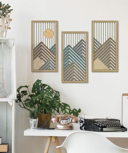 Putuo Decor Mountain Line Wall Art Set of 3, Modern Abstract Nature-Inspired Cut-Out Panels, MDF Wall Decor with Chevron Stripes and Sun Design for Living Room Bedroom Office - color: Primrose