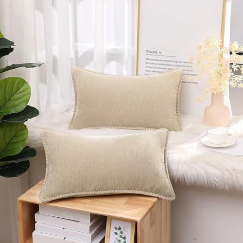 decorUhome Fall Chenille Soft Cozy Throw Pillow Covers 12x20 Set of 2, Modern Farmhouse Boho Velvet Decorative Pillow Cases with Stitched Edge for Couch Sofa Bed Home Decor, Beige - color: Beige, size: 20" x 12" (Pack of 2)