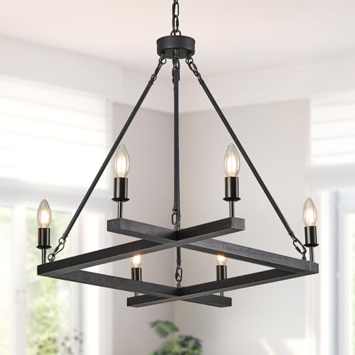 Rustic Black Farmhouse L45'' Wood Chandelier Unique Square 6-Light Candle Long Ceiling Pendant Lighting for Kitchen Living Dining Room Foyer Bedroom High Ceiling,E12 - color: Black, size: 45 inches