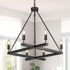 Rustic Black Farmhouse L45'' Wood Chandelier Unique Square 6-Light Candle Long Ceiling Pendant Lighting for Kitchen Living Dining Room Foyer Bedroom High Ceiling,E12 - color: Black, size: 45 inches