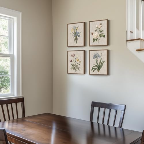 Framed Botanical Wall Art for Bathroom, 4 Piece Vintage Floral Canvas Painting Prints Artwork Farmhouse Wall Decor, Rustic Flower Butterfly Pictures for Bedroom Kitchen Hallway Home Decor, 8x10 Inch - color: Floral - Walnut Framed, size: 8" W x 10" H x 4p