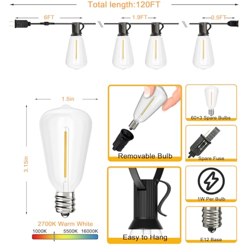 Svater Outdoor String Lights 120 FT, Waterproof Patio Light with 63 Bulbs | Outside Lighting, ETL Listed Shatterproof ST38 Dimmable Edison LED Bulb, Connectable For Backyard Porch Balcony, Warm White - size: 120FT