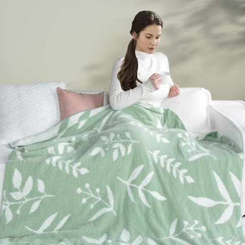 Leaf Pattern Throw Blanket Soft Cozy Spring Blanket for Bed, Couch, Sofa Lightweight Breathable Stylish Seasonal Home Decor Blanket Sage Green 60x80 Inches - color: Leaf Sage Green, size: 60x80