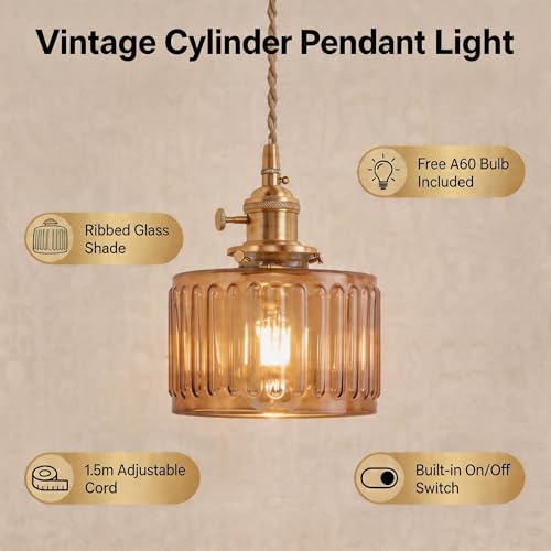 Amber Striped Glass Pendant Light, 1 Natural Light Bulb Included, Adjustable Cord with Switch, Suitable for Kitchen Island/Dining Room - color: Amber 1pc Ribbed Glass Pendant Light