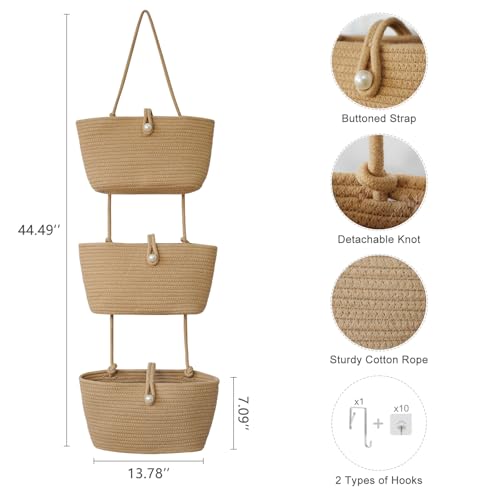 TeoKJ 3-Tier Hanging Baskets for Storage with Pearl Button Strap, Cotton Rope Over the Door Organizer, Wall-Mounted with Hook Decorative Hanging Nursery Baskets, Jute - color: Jute, style: 3 tier+Pearl Button