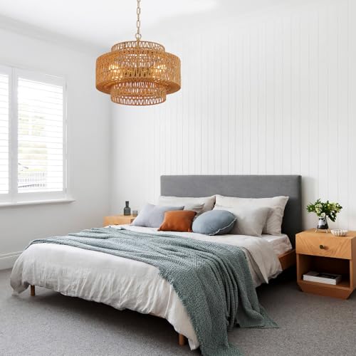 17.8" Boho Rattan Chandelier Light Fixture, 4-Light Golden Hand Woven Pendant Light Fixture Farmhouse Rustic Wicker Chandeliers for Kitchen, Bedroom, Dining Room, Living Room, Hallway, Foyer - color: Gold 17.8"