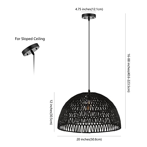 JONATHAN Y 20" Black Modern Bohemian Woven Rope LED Pendant Light Fixture, Adjustable Dome Ceiling Lamp for Kitchen Island, Rope Shade, Coastal Farmhouse Decor (JYL6504C) - color: Black, size: 20"