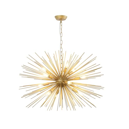 Modern 33.8in Gold Sputnik Chandeliers 12-Light Mid-Century Starburst Chandelier Light Fixture Solid Metal Satellite Large Chandelier for High Ceiling Dining Room Living Room Foyer E12 - color: Golden 33.85" 12-Light
