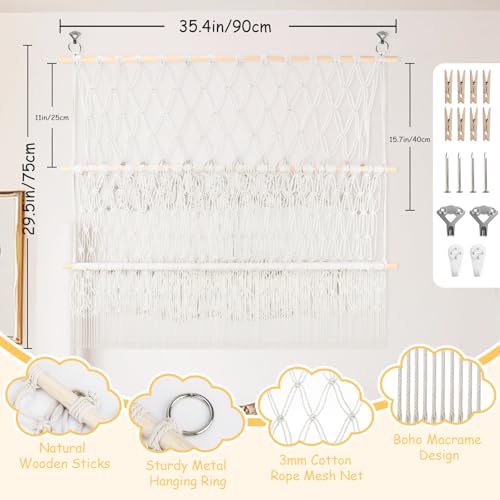 2 Tier Stuffed Animal Storage Shelf Net, 35x30'' Large Plushie Net w/ 2.4/1'' Dense Mesh for Mini Medium Stuffy Teddy, Beige Boho Macrame Toy Holder Display w/ Lights&Clips for Nursery Kid Girl Boy - color: Beige, size: Large-2 Tier-35x30 Inch