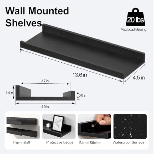 Black Floating Shelves for Wall Decor, Wall Mounted Wood Storage Shelf for Bedroom, Living Room, Bathroom, Kitchen, Nursery, Display Picture Ledge Shelf with Lip Set of 2-14 Inches, Black - color: Black, size: 13.6in