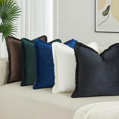 JUSPURBET Pack of 2 Coffee Decorative Fringe Velvet Throw Pillow Covers 16x16 for Home Decor Living Room Bedroom Car Boho Soft Cushion Cover with Hidden Zipper Machine Washable - color: Coffee, size: 16" x 16" (Pack of 2)