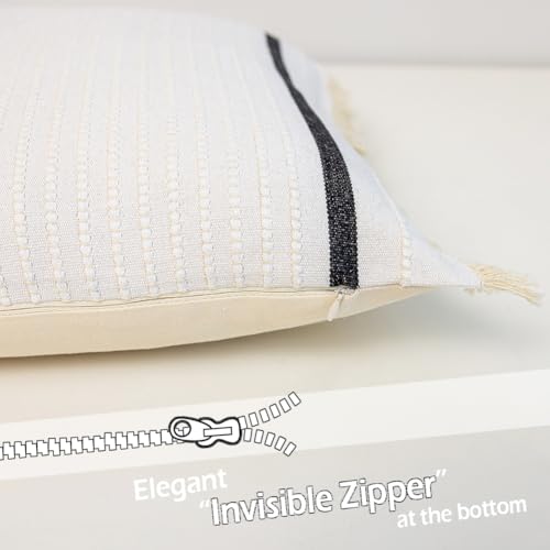 CARRIE HOME Cream White Boho Striped Throw Pillow Cover 18x18 with Tassels 1 Pack, Neutral Couch Pillows for Bed Couch, White Cotton Woven Bohemian Accent Pillow Covers 18 x 18 (No Pillow Inserts) - color: White (With Tassels), size: 18" x 18" (Pack of 1)