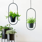 Modern Metal Hanging Planters with 5 Inch Pots - Set of 2 Oval Geometric Plant Hangers - Black Wall and Ceiling Mount Flower Holders for Indoor and Covered Outdoor Houseplants - size: OVAL-5 INCH POT
