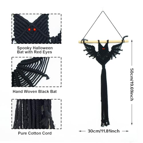 HVEST Gothic Halloween Bat Macrame Wall Hanging Boho Decor Horror Black Bat, Handmade Woven Tapestry for Bedroom Spooky Halloween Macrame Wall Decor for Living Room Decorations, 19.7L X 11.8W - color: Black Red
