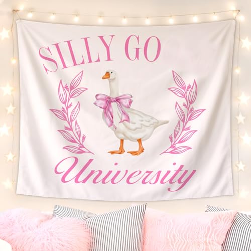 Lacama Pink Funny Tapestry, Cute Preppy Goose Tapestry for College Dorm Bedroom Teen Girls Room Apartment, College Dorm Decor, Goose University Blanket for Friend 50x60 - color: silly goose-2-pink