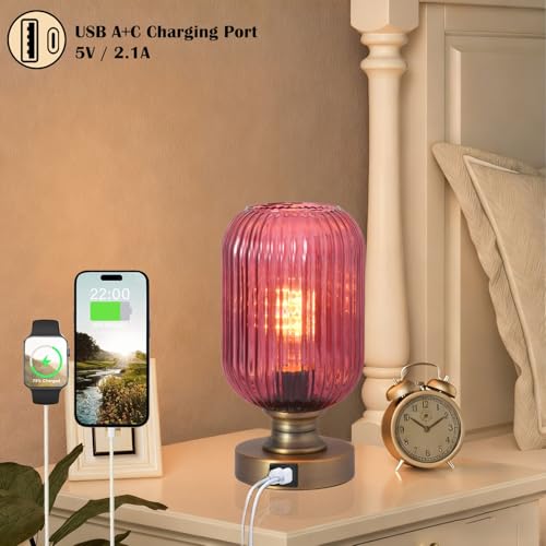 Mid Century Glass Table Lamp,Dimmable Desk Lamp,LED Bulb Included,Touch Control & USB A+C Port,Purple Ribbed Glass - color: Purple Ribbed, size: USB + Touch